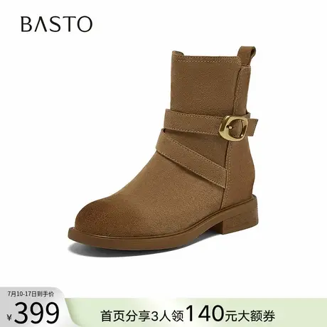 百思图2025冬季新款时尚真皮休闲西部靴圆头粗跟女短靴W0182DZ5商品大图