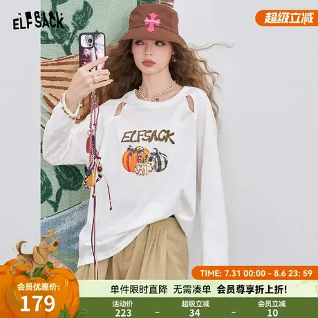 妖精的口袋卡通南瓜印花破洞t恤女2025早秋新款休闲宽松百搭上衣图片