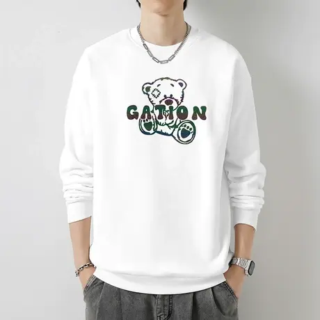 重磅纯棉卫衣男潮ins秋季摇粒绒小熊圆领长袖t恤宽松白色无帽上衣商品大图