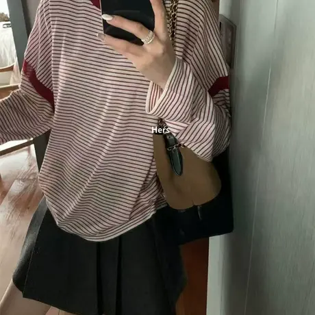 十三行女装2025早秋新款百搭套头圆领甜美减龄粉红色长袖T恤上衣商品大图