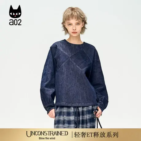a02【ET释放系列】宽松牛仔长袖T恤女2025新款秋季设计感套头上衣商品大图