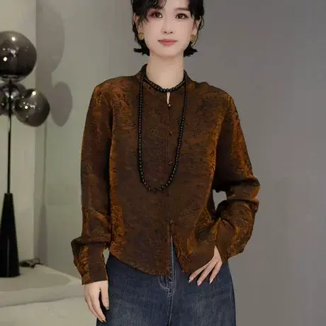 2025秋季新款气质老钱风松弛感长袖衬衫女复古新中式国风提花上衣商品大图