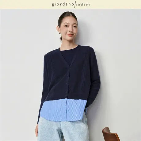GL2025秋冬新款针织衫女假两件拼接条纹宽松V领针织开衫02355520商品大图
