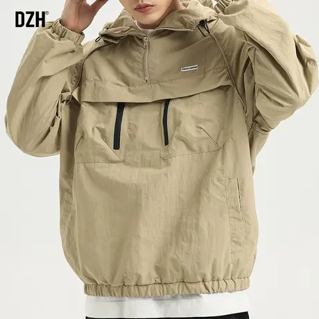 男士卡其色半拉链外套男春秋高级感痞帅2023年新款工装冲锋衣夹克商品大图
