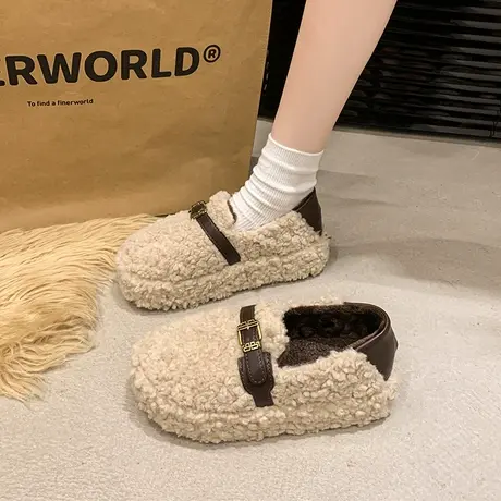 厚底法式毛毛鞋女2025秋季新款休闲一脚蹬懒人鞋子百搭气质豆豆鞋商品大图