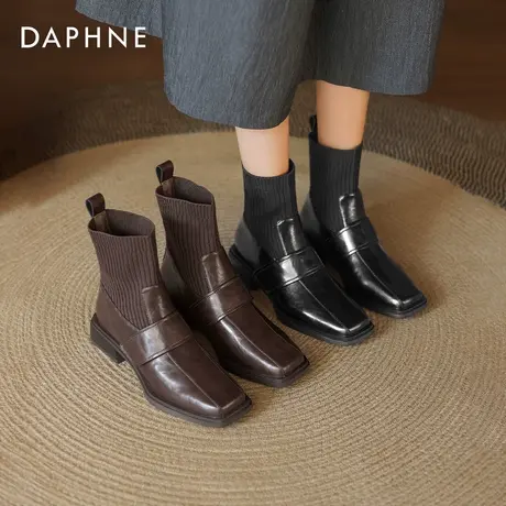 达芙妮方头短靴女2026新款秋冬皮靴切尔西靴粗跟瘦瘦靴子弹力袜靴图片