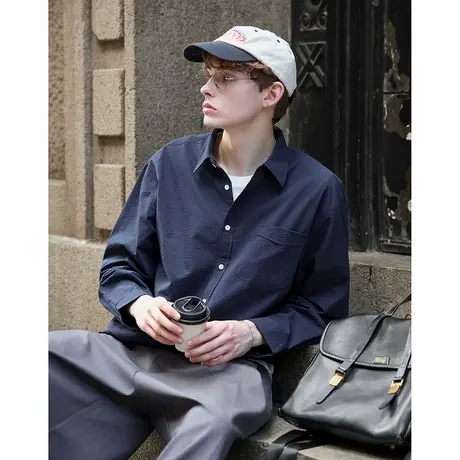 唐狮秋季男款长袖衬衫翻领泡泡纱纯色薄款衬衫休闲时尚通勤风TMTA图片