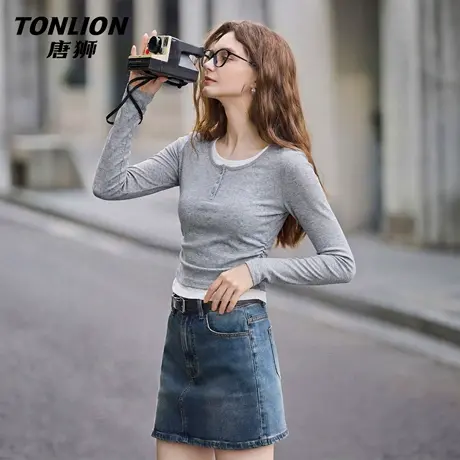 唐狮官方法式修身长袖t恤女2026新款春季假两件打底衫显瘦上衣VC图片