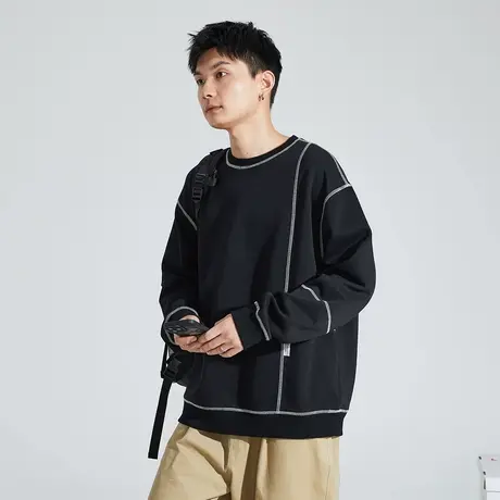 唐狮冬季新款圆领男士卫衣黑色上衣复古潮流车明线设计感长袖TD商品大图