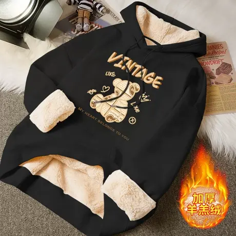 羊羔绒连帽卫衣女2023年新款加绒加厚小众风女士外穿洋气减龄上衣图片