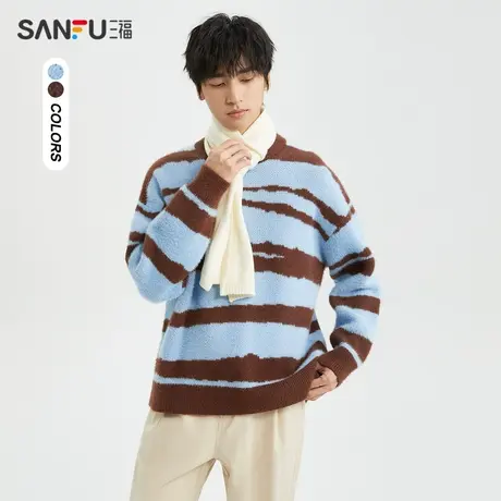 三福2023冬男士撞色条纹毛衣 时尚休闲宽松圆领上衣男477127图片