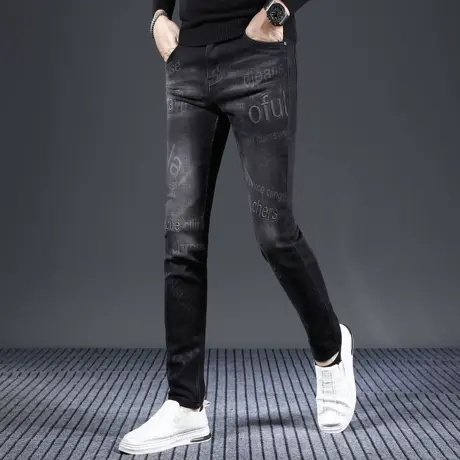 秋冬新款男士牛仔裤工艺印花黑灰色轻奢高端欧货潮牌修身小脚裤男商品大图