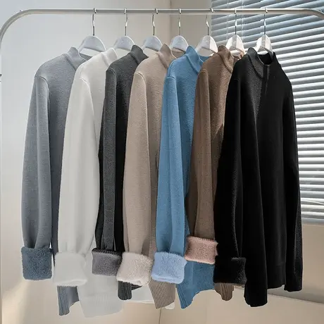 半高领毛衣男秋冬季潮流内搭打底衫中领毛衫针织衫一体绒加厚线衣商品大图