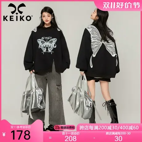 KEIKO [加密绒]蝴蝶花刺绣黑色卫衣女加厚秋冬韩系慵懒风小众外套商品大图
