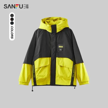 三福2023冬男士撞色拼接运动风羽绒服 保暖宽松连帽外套478986图片