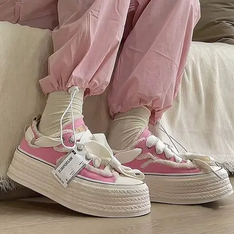 帆布鞋子女2023新款透气小白鞋夏厚底松糕底百搭学生休闲增高板鞋图片