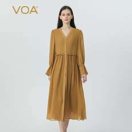 VOA琥珀棕黄双层乔其桑蚕丝V领喇叭长袖单排扣衬衫简约真丝连衣裙图片