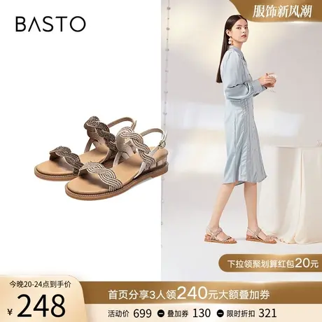 百思图夏季商场同款时尚韩版潮流烫钻坡跟女凉鞋A3225BL2图片