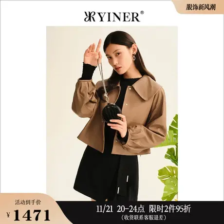 YINER音儿线上专选女装秋季驼色大翻领短款绵羊皮皮衣休闲外套商品大图