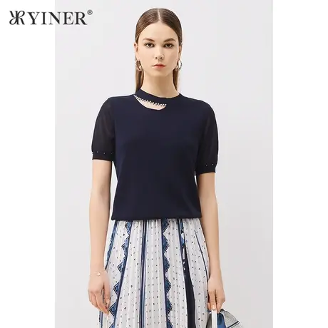YINER音儿女装夏季新款钉珠镂空拼接针织衫套头商品大图