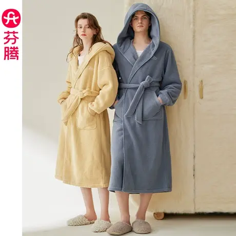 芬腾情侣蓬蓬绒睡袍女秋冬季保暖抗静电珊瑚绒连帽男士家居服浴袍商品大图