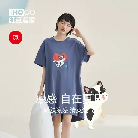 红豆居家棉质睡裙女短袖宽松卡通休闲风春夏季薄款睡衣裙家居服图片