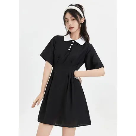 othermix 黑色短袖连衣裙女收腰显瘦2023夏季新款图片