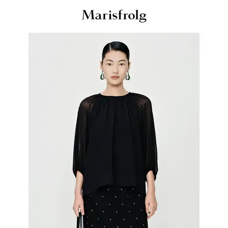 【商场同款】玛丝菲尔上衣夏季新款桑蚕丝黑色插肩七分袖廓形T恤商品大图