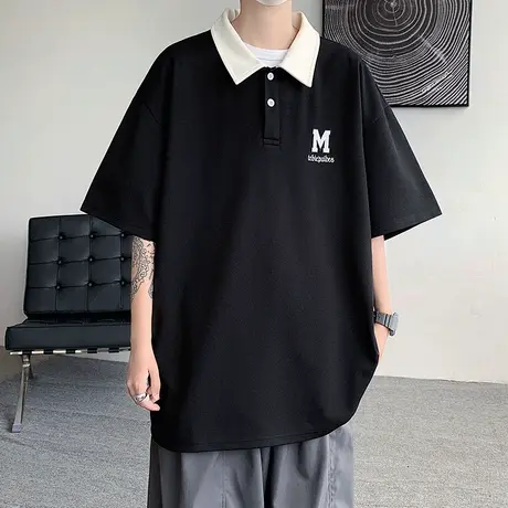 字母刺绣Polo衫男夏季潮牌翻领短袖T恤高级感宽松2025新款上衣服商品大图