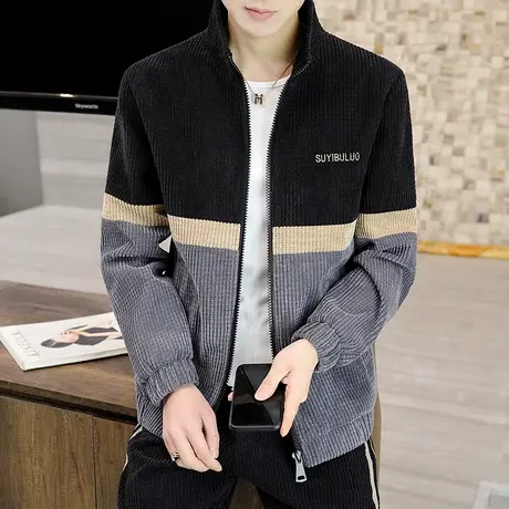 春装男士外套灯芯绒立领夹克男休闲2022新款青年潮流拼接撞色上衣图片