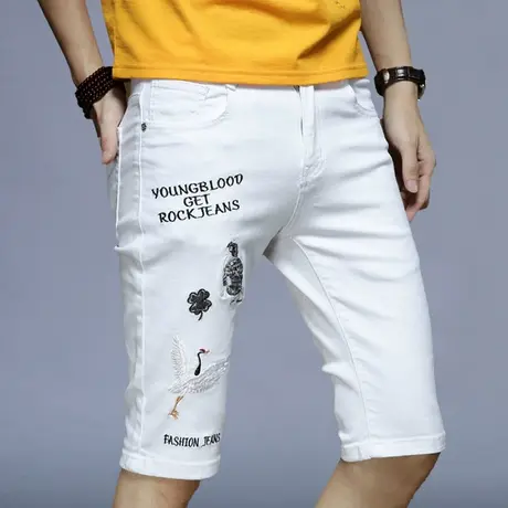 刺绣印花牛仔裤短裤男款秋冬薄款高档潮牌裤子男士休闲五分裤中裤商品大图
