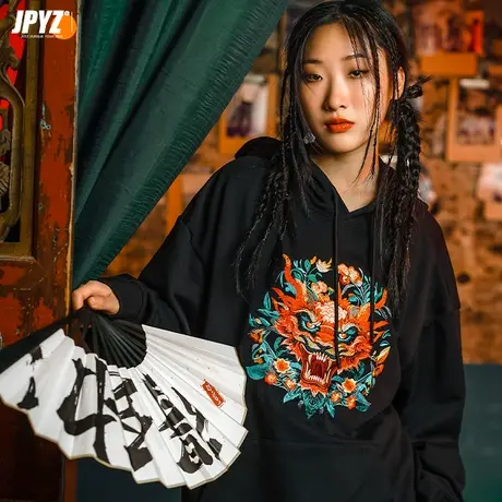 国潮中国风重工刺绣印花连帽卫衣男士秋季重磅宽松长袖上衣帽衫图片