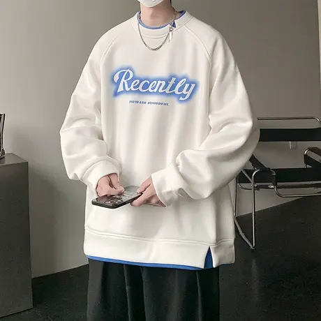 假两件长袖t恤男春秋季新款宽松休闲打底衫男士潮牌印花圆领卫衣商品大图