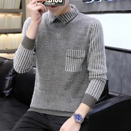 秋冬季假两件衬衫领毛衣男士加绒加厚针织打底衫带领秋装保暖上衣商品大图