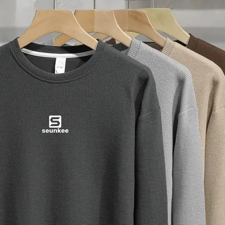 男士卫衣华夫格春秋款圆领长袖t恤灰色套头无帽上衣宽松潮流百搭商品大图