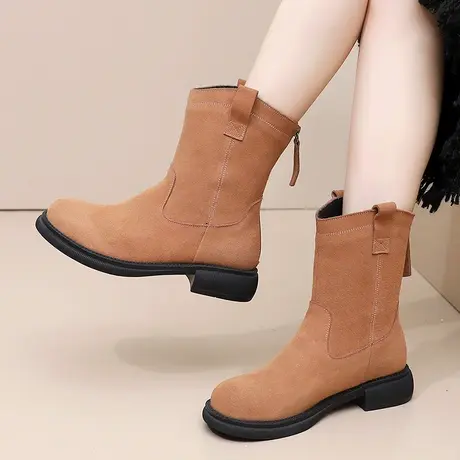 软底软面舒适大码女靴41一43中筒靴女2023新款冬季磨砂真皮烟筒靴图片