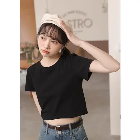 尔给新款黑色短袖t恤女夏季设计感小众别致独特小款短款上衣显瘦商品大图