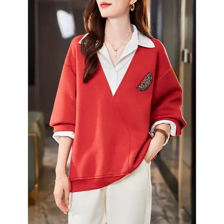 宝诗黎POLO领拼接假两件棉质宽松卫衣2024春季新款设计感韩版上衣图片