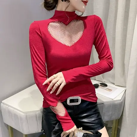 性感镂空网纱打底衫女春秋设计感烫钻洋气T恤长袖半高领内搭上衣商品大图