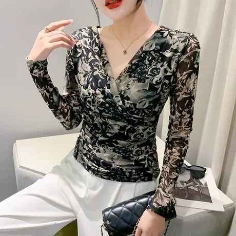 气质V领网纱打底衫女长袖秋装2024新款性感修身上衣漂亮印花T恤潮商品大图