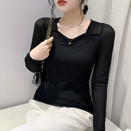 性感蕾丝上衣女春秋2024新款时尚镂空百搭小衫显瘦修身长袖T恤ins图片