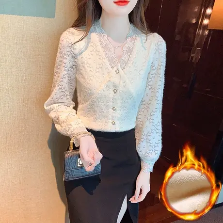 蕾丝衫打底衫女2023秋冬新款加绒加厚保暖超仙别致洋气高级感小衫商品大图