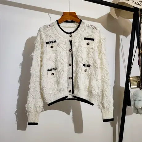 小香风针织开衫女早秋新款宽松圆领洋气百搭长袖短款流苏上衣外套商品大图