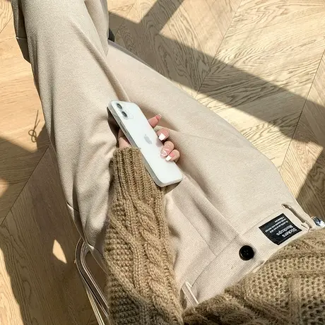 加绒毛呢裤子女秋冬季卡其色高腰加厚保暖九分哈伦宽松九分萝卜裤商品大图