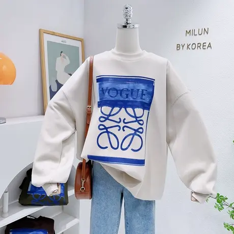 小众设计感上衣ins复古抽象字母宽松银狐绒加厚卫衣外套欧货大码商品大图