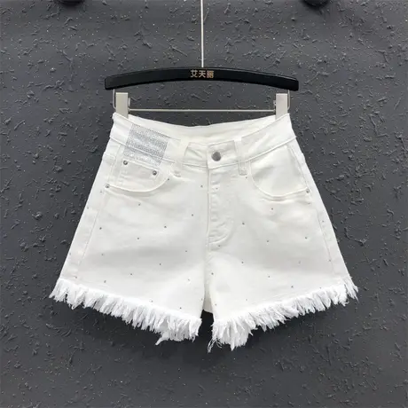 2024夏季新款烫钻洋气白色牛仔短裤女潮港味毛须边流苏a字阔腿裤图片