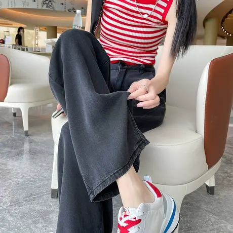 黑色天丝阔腿牛仔裤女夏季薄款高腰直筒宽松显瘦小众压褶拖地裤潮图片