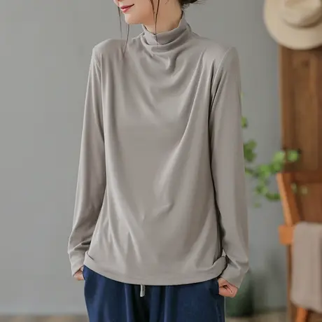 dza复古纯色棉质高领T恤女士2023秋冬内搭打底衫洋气休闲宽松上衣商品大图
