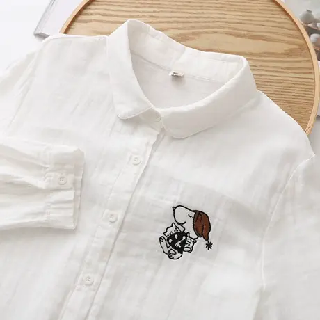 春秋装日系文艺刺绣娃娃领双层纱长袖衬衫女宽松百搭纯棉白色衬衣商品大图