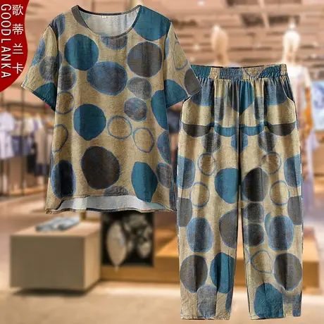 中老年妈妈装夏季天丝套装洋气时尚短袖上衣印花薄款八分裤两件套商品大图